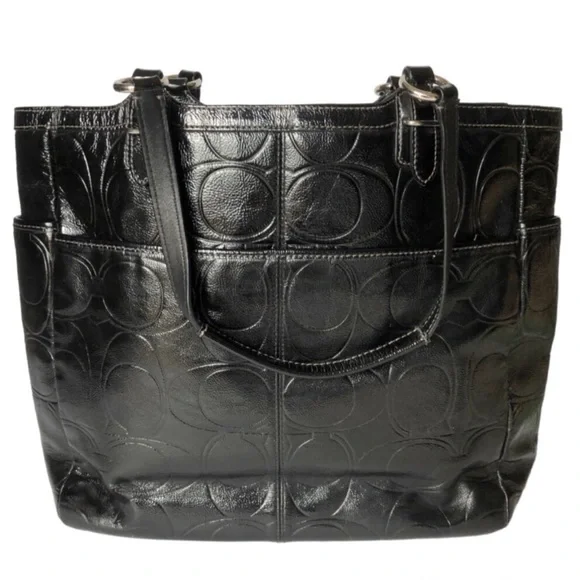 Coach Gallery Black Signature Embossed Patent Leather North/South  Tote F19818 - Picture 3 of 16